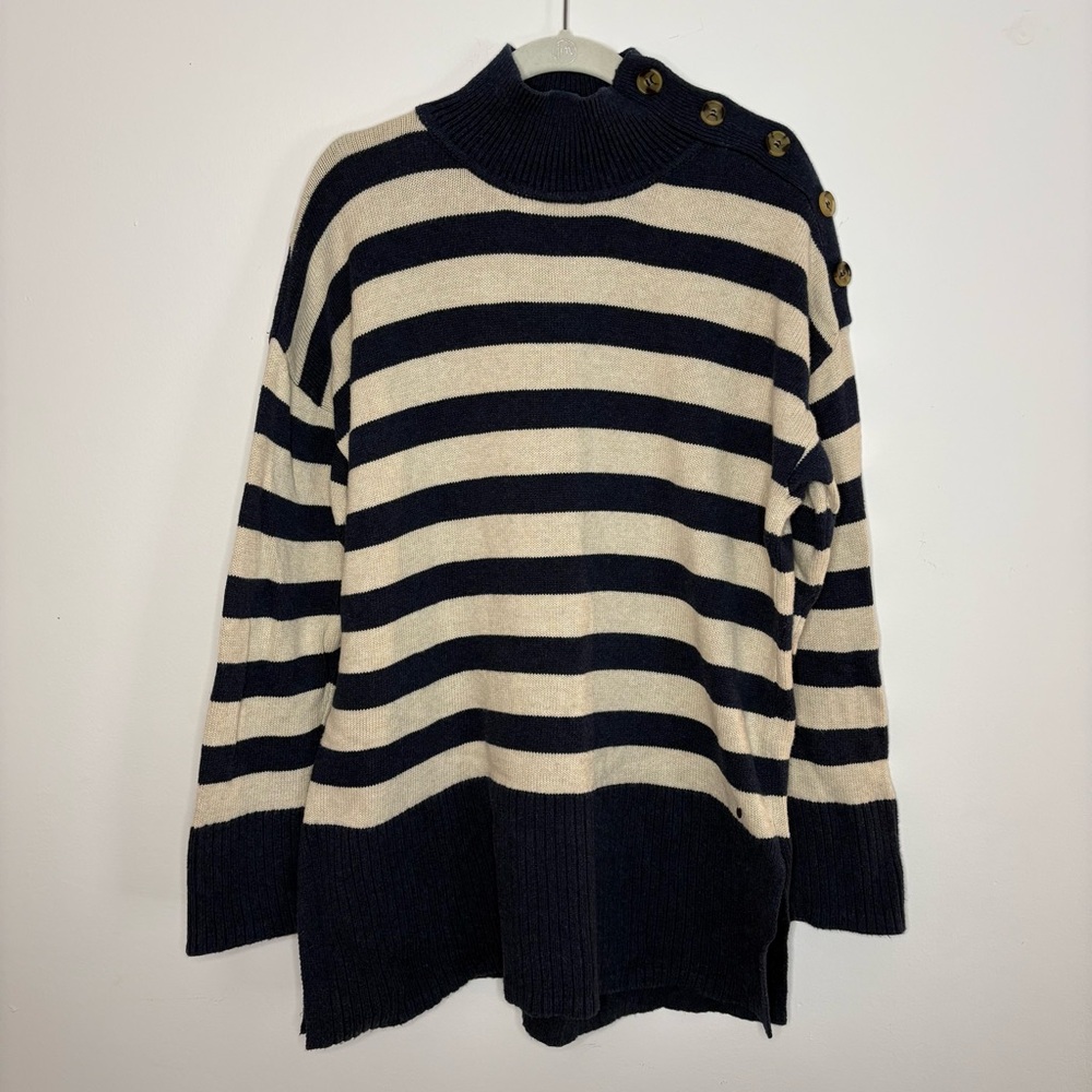 Fat Face Striped Sweater Women’s 10 Mock Neck Button Shoulder Nautical Classic